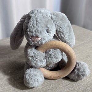 Jellycat Bashful Soft Light Grey Bunny with Wooden Teether Ring